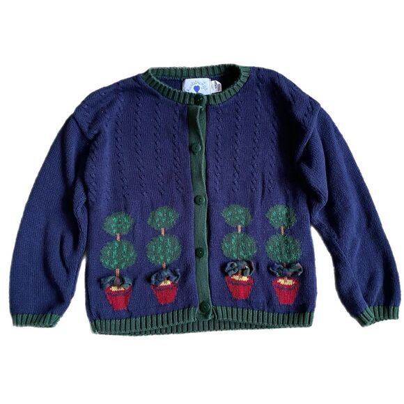 Vintage 80s Hartstrings Cardigan Sweater Girls 6 Button Up Navy Cotton Christmas - Picture 3 of 16